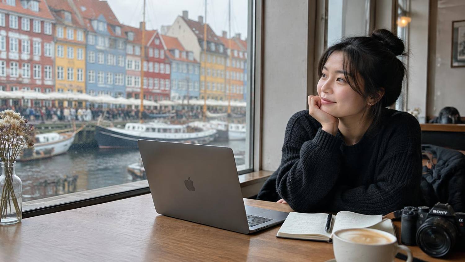 Creator writing at a café in Copenhagen