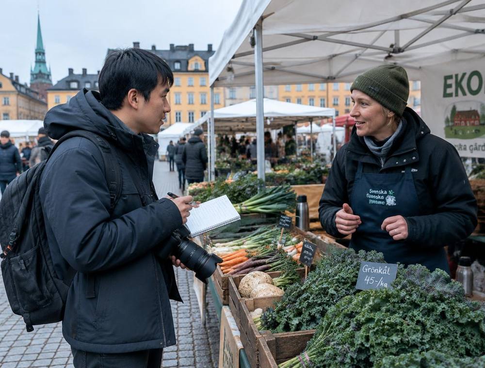 Creator gathering stories at a Stockholm market